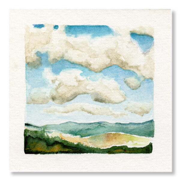 Big Clouds 1. 4x4 Mini Watercolor Emotional Landscape. Created with intention to relax your nervous system.