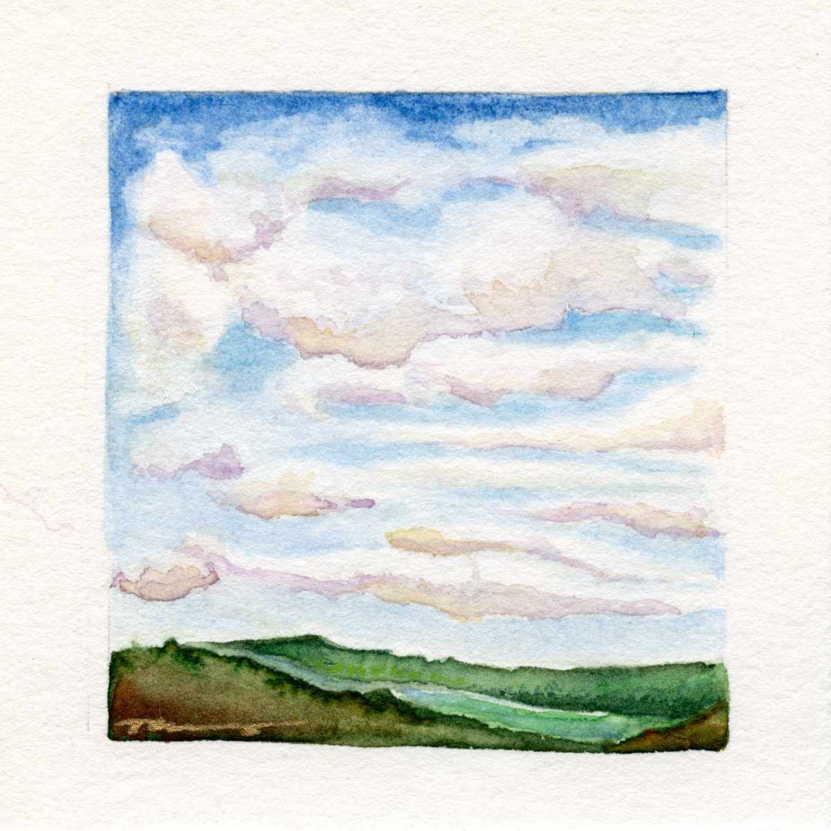 Big Clouds 2. 4x4 Mini Watercolor Emotional Landscape. Created with intention to relax your nervous system.