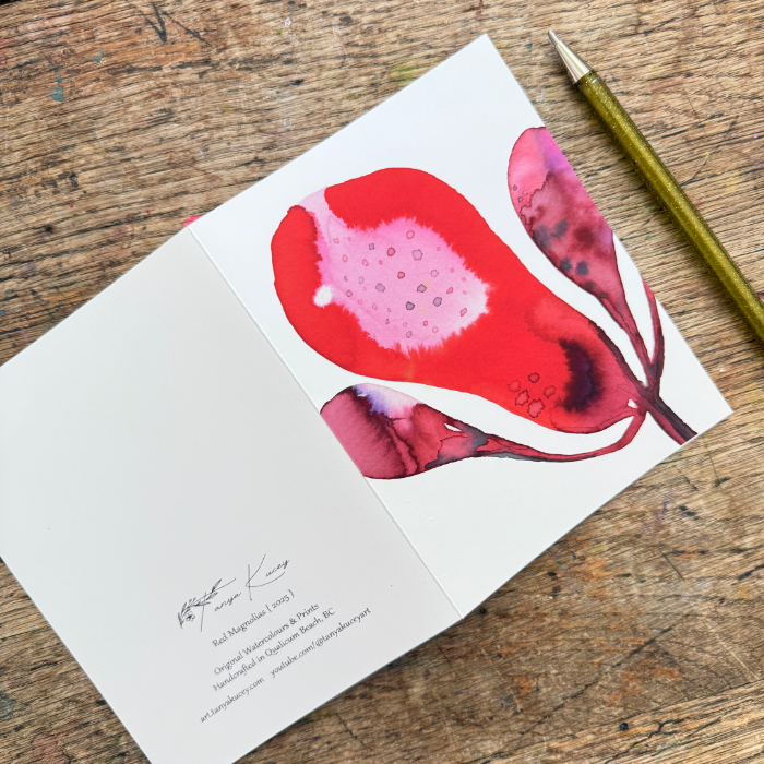 "Red Magnolia" Modern Watercolour Art card at https://art.tanyakucey.com